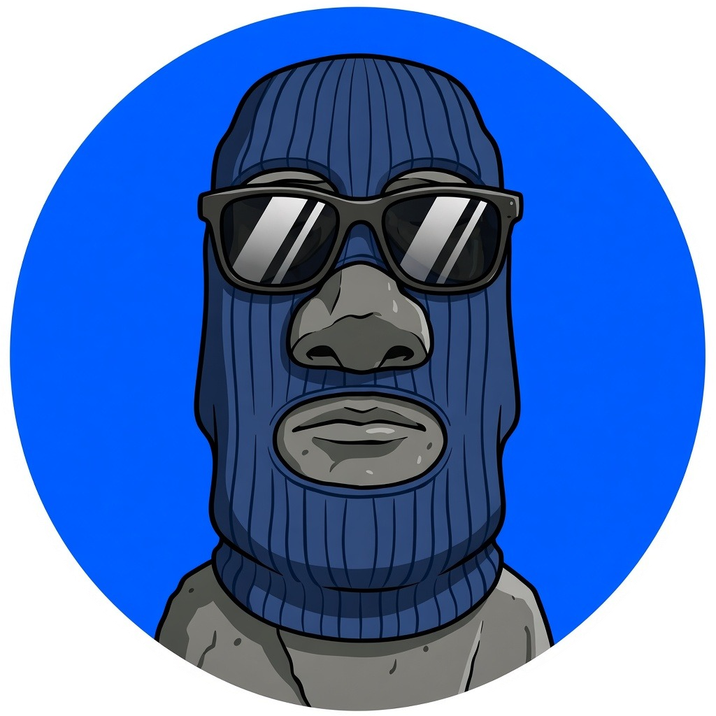 MANDEM mascot: moai statue in a blue balaclava and shades
